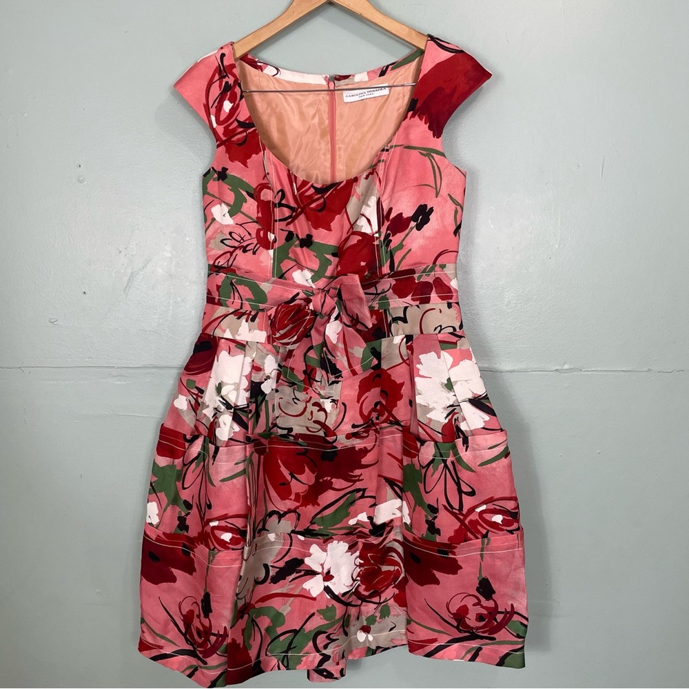Carolina Herrera Floral Bow Tiered Dress Pink Red Size 12